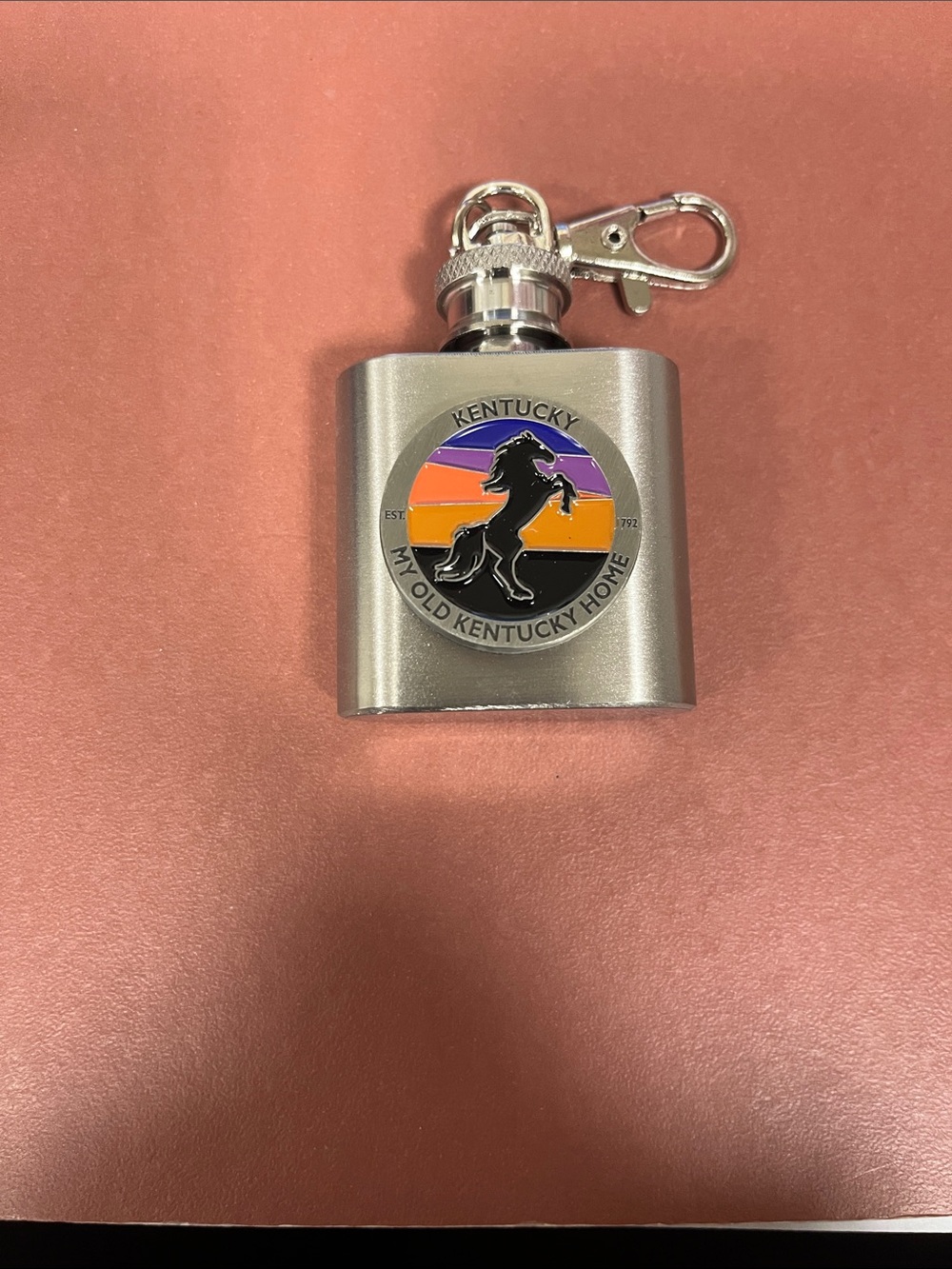 Mini Stainless Steel Flask Keychain with Kentucky Horse Emblem - Silver